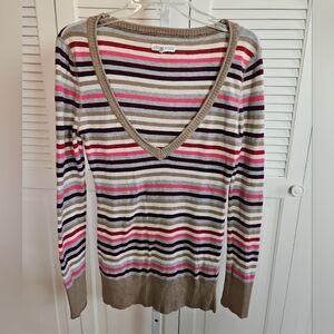 Y2K Aeropostale Women's Deep V-Neck Sweater Pink Tan Long Sleeve Early 2000
